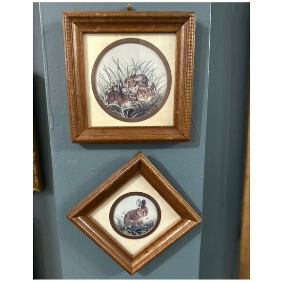 Vintage Pair Of Kay Shannon Bunny Rabbit Litho Pictures Wall Hangings Wood Frame - Picture 1 of 10